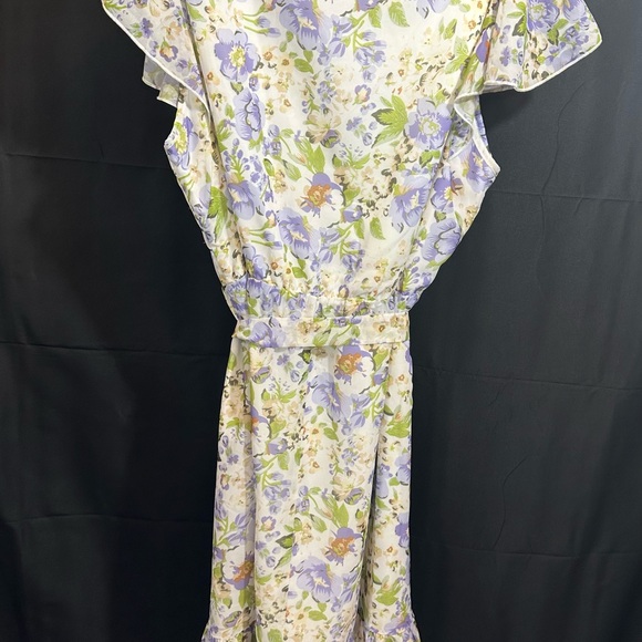 Allegra K - Floral Chiffon Flutter Sleeve Belted Square Neck Ruffled Hem Dress - Picture 7 of 10